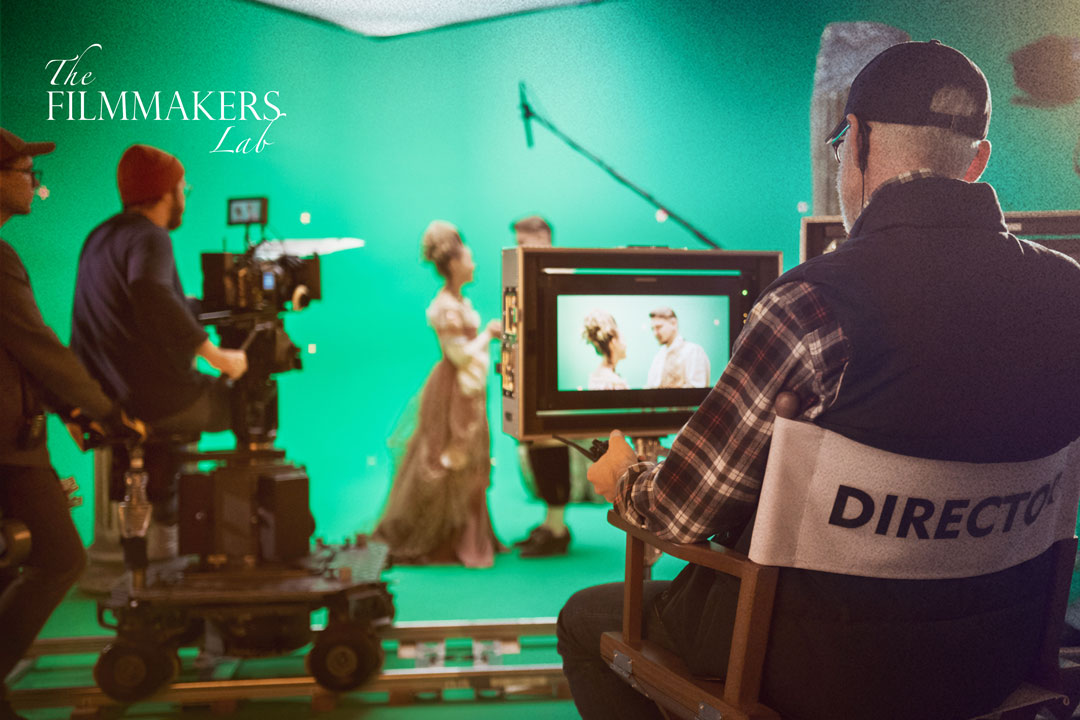 The Greenhouse Arts & Media Inc. - The Filmmakers Lab - image of director in directors chair watching video playback and video dolly filming two period actors in front of greenscreen